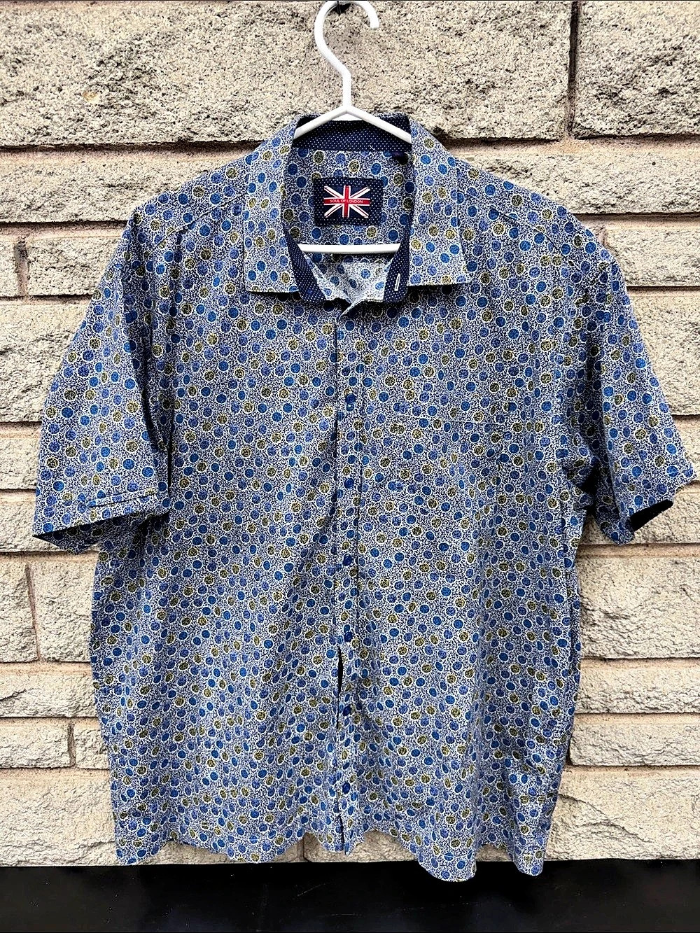 Soul of London Men’s XL Blue Yellow Geometric Circle Print Short Sleeve Shirt